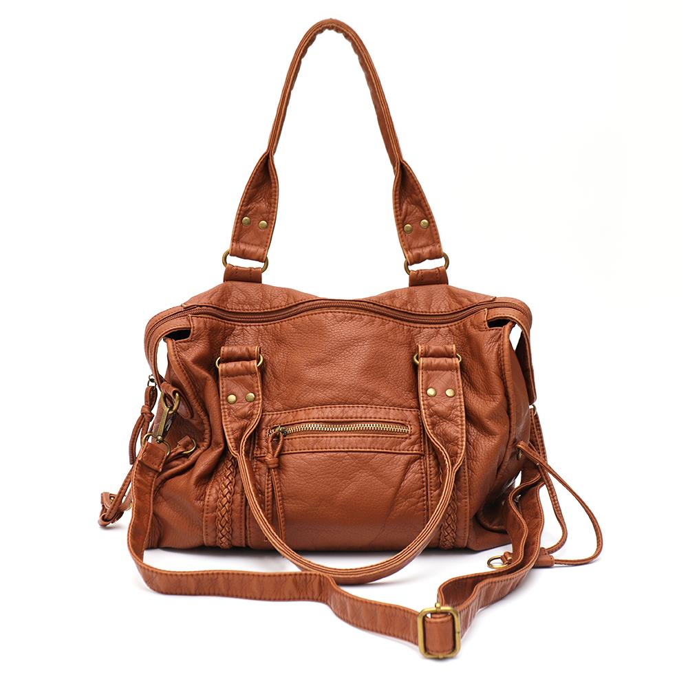 Vintage Washed PU Leather Large Capacity Tote Zip Pockets Braid Decor Shoulder Cross body Bag Unisex Women Daily Travel Handbag