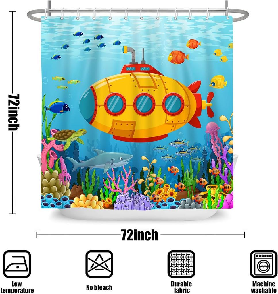 Colorful Cartoon Submarine Shower Curtain – Ocean Life & Fish Design, Fun Underwater Bathroom Decor For Kids 72X72 In