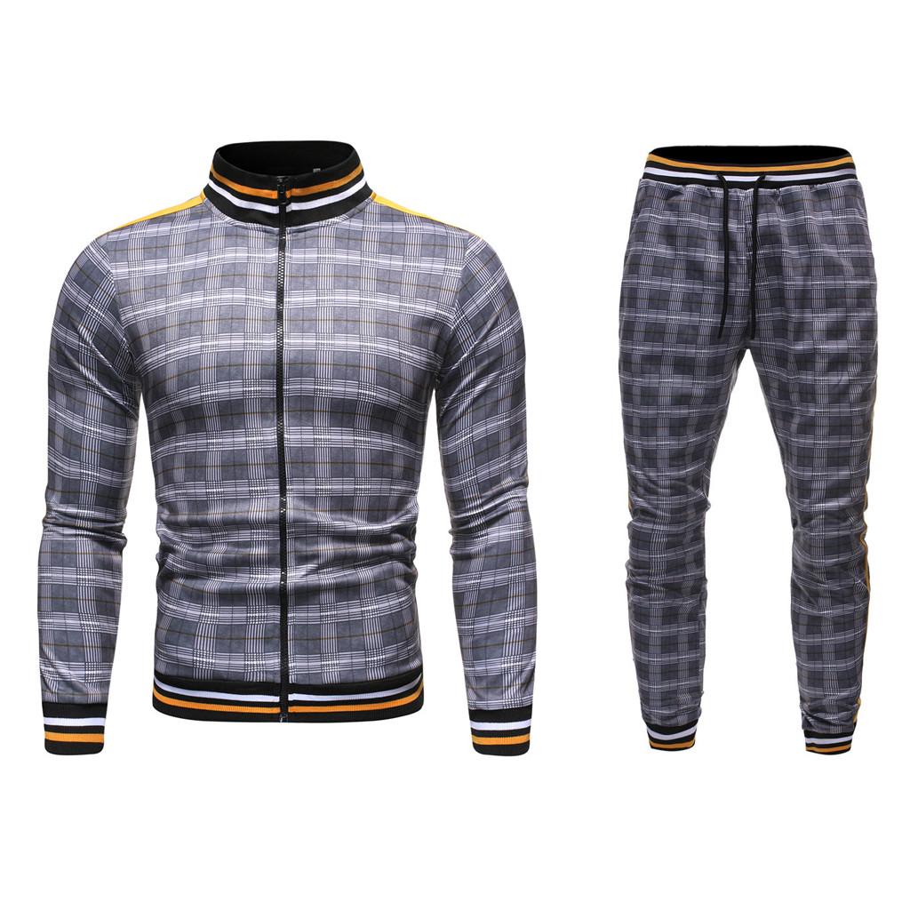 Mens 2 Pieces Tracksuit Jacket and Pants Casual Full Zip Running Jogging Athletic Plaid Sports Sweatsuits