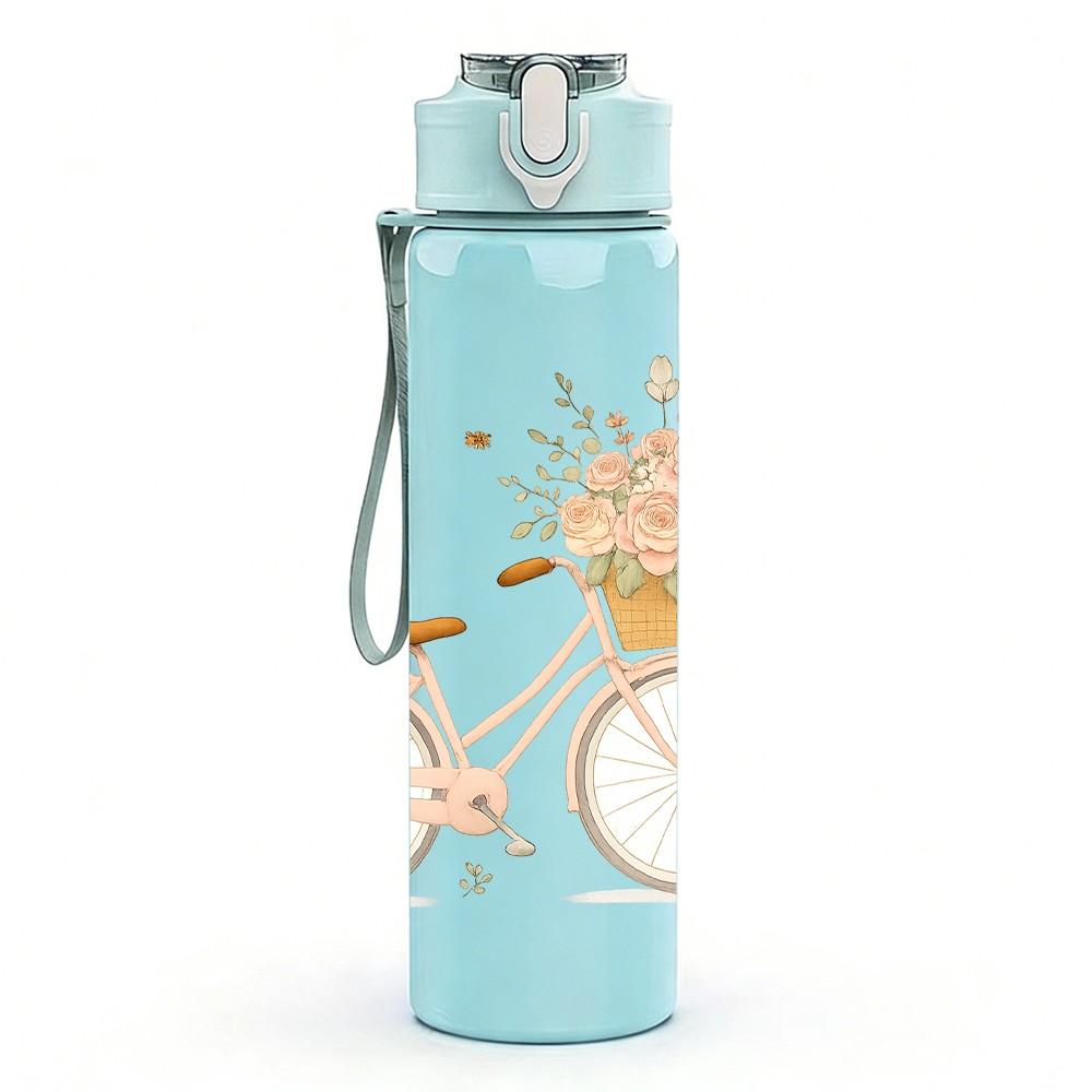 1PC Bicycle Wild Flower Art 750ml Color Plastic Sports Water Bottle Leakproof Flip Straw Lid Suitable for Sports Office Home Use