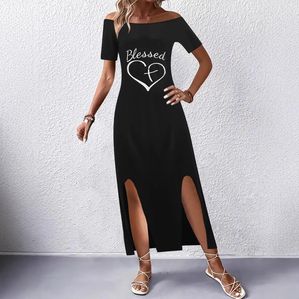 In stock, European and American summer new dresses women's clothing one-word shoulder split printing casual loose long dress
