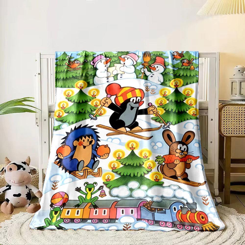 Cartoon animals and snowmen with trees, candles, and a train in snow. for all seasons blanket lunch break throw gift 80cm x 120cm