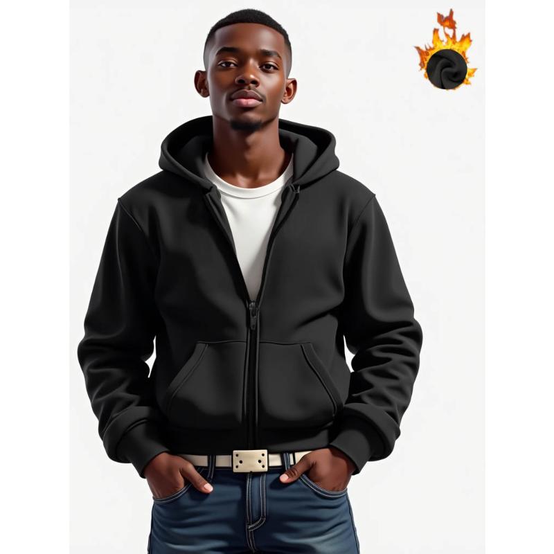 Men's Warm Polyester Hooded Zip-Up Jacket Wind-Resistant Water-Repellent Relaxed Fit Cold Weather Daily Lounge Coat