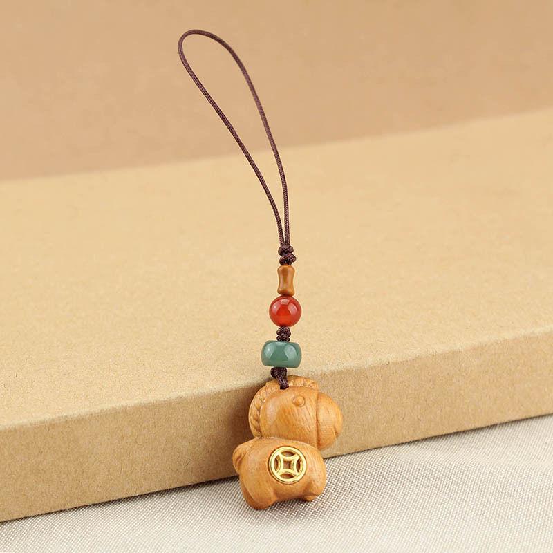 Chinese Style Sandalwood Horse Copper Coin Keychain & Phone Charm