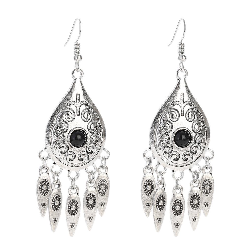 Vintage Ethnic Natural Stone Indian Earrings Jhumka Female Antique Silver Plated Geometric Carved Earrings Party Tassel Jewelry