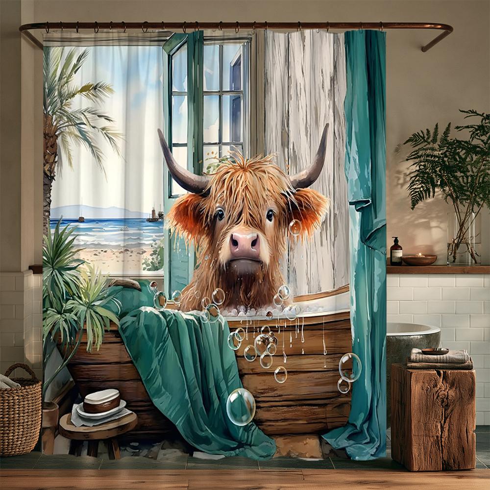 Juokinga fermos karvė dušo užuolaida Rustic medinės durys Highland karvė medinė panelė levandų gėlių audinys kabinamos užuolaidos vonios dekoras