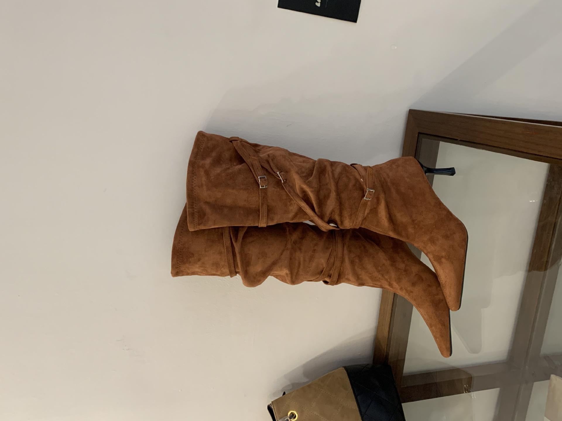 

Pointed high-heeled boots khaki long knight boots women s autumn and winter 2025 autumn and winter new with coat high boots 39 коричневый