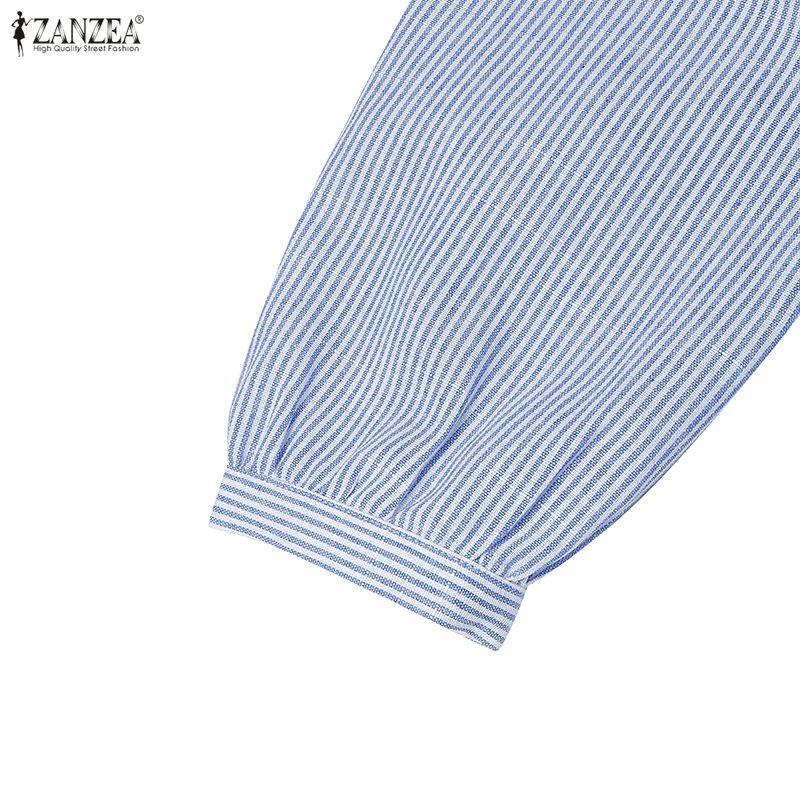 ZANZEA Women Casual Round Neck Loose Long Sleeve Stripe Dress