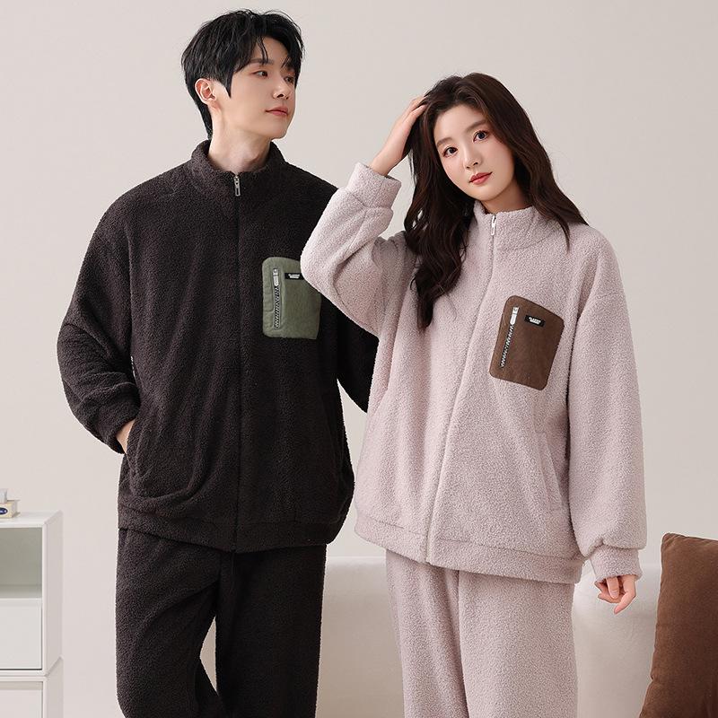 Couple Half Fleece Pajamas Women'S Autumn And Winter Thickened Fleece Warm Coral Fleece Can Be Worn Outside Loungewear Men'S Suit