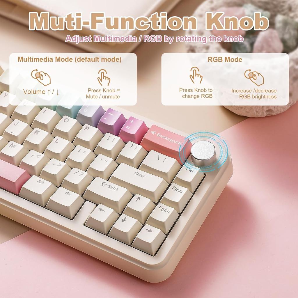 YUNZII B68 Wireless Mechanical Keyboard,Tri-Mode BT5.0/2.4GHz/USB-C,Cute PBT Keycaps,Hot Swappable Creamy Typing Gasket Mounted,RGB Backlit NKRO for
