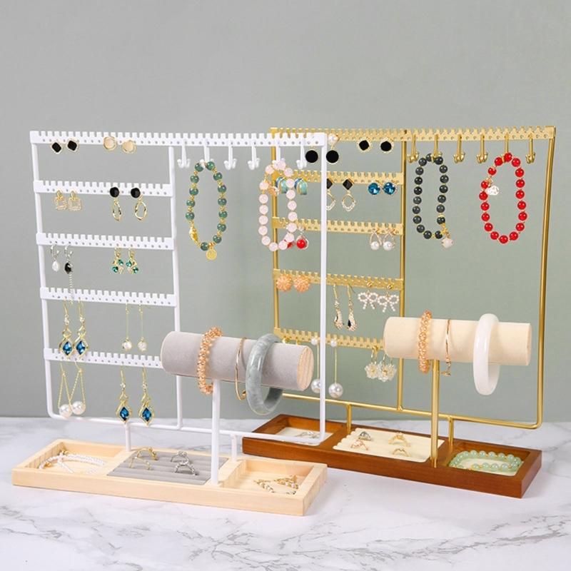 Organisateurs de bijoux élégants Support à colliers et boucles d'oreilles multicouches avec plateau en bois naturel pour la décoration de la maison