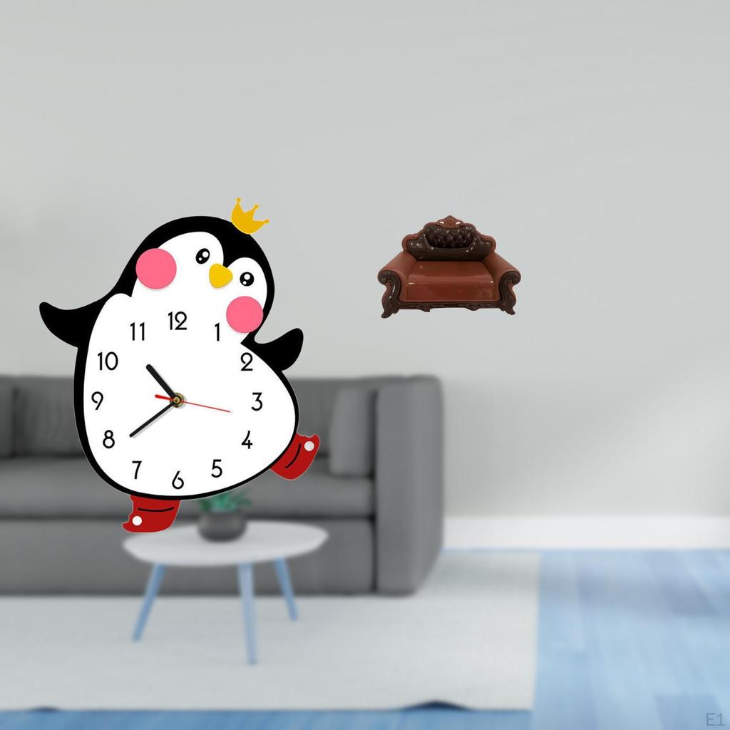 Cartoon Penguin Wooden Wall Clock Miniature Sofa Couch Single Chair Model Decorative Lovely Battery