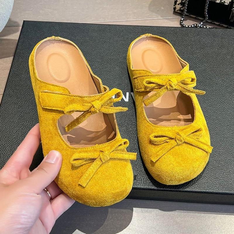 College style one pedal double bow half slippers new round head single shoes student suede flat slippers women