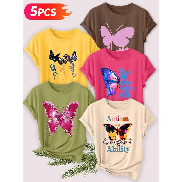 Five-piece set Elegant short-sleeved shirt for women Inspirational Butterfly Print Round Neck Women's Casual Sportswear T Shirt Suitable for spring