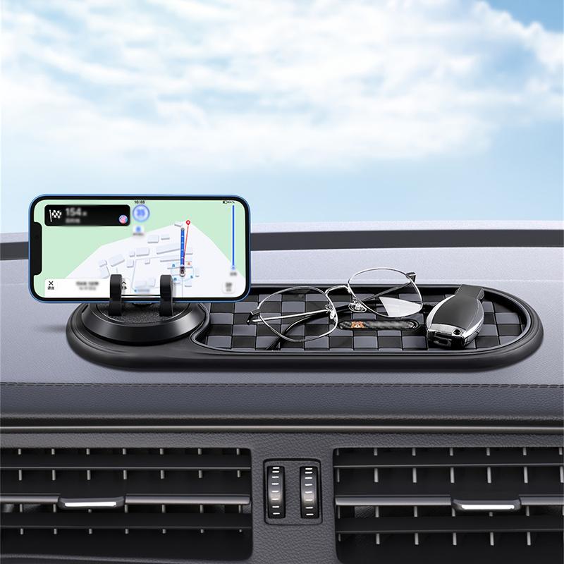Multifunctional Anti-Slip Car Dashboard Pad with Rotating Phone Holder | Large Capacity Glasses And Key Storage, Heat-Resistant Silicone, Grid Design