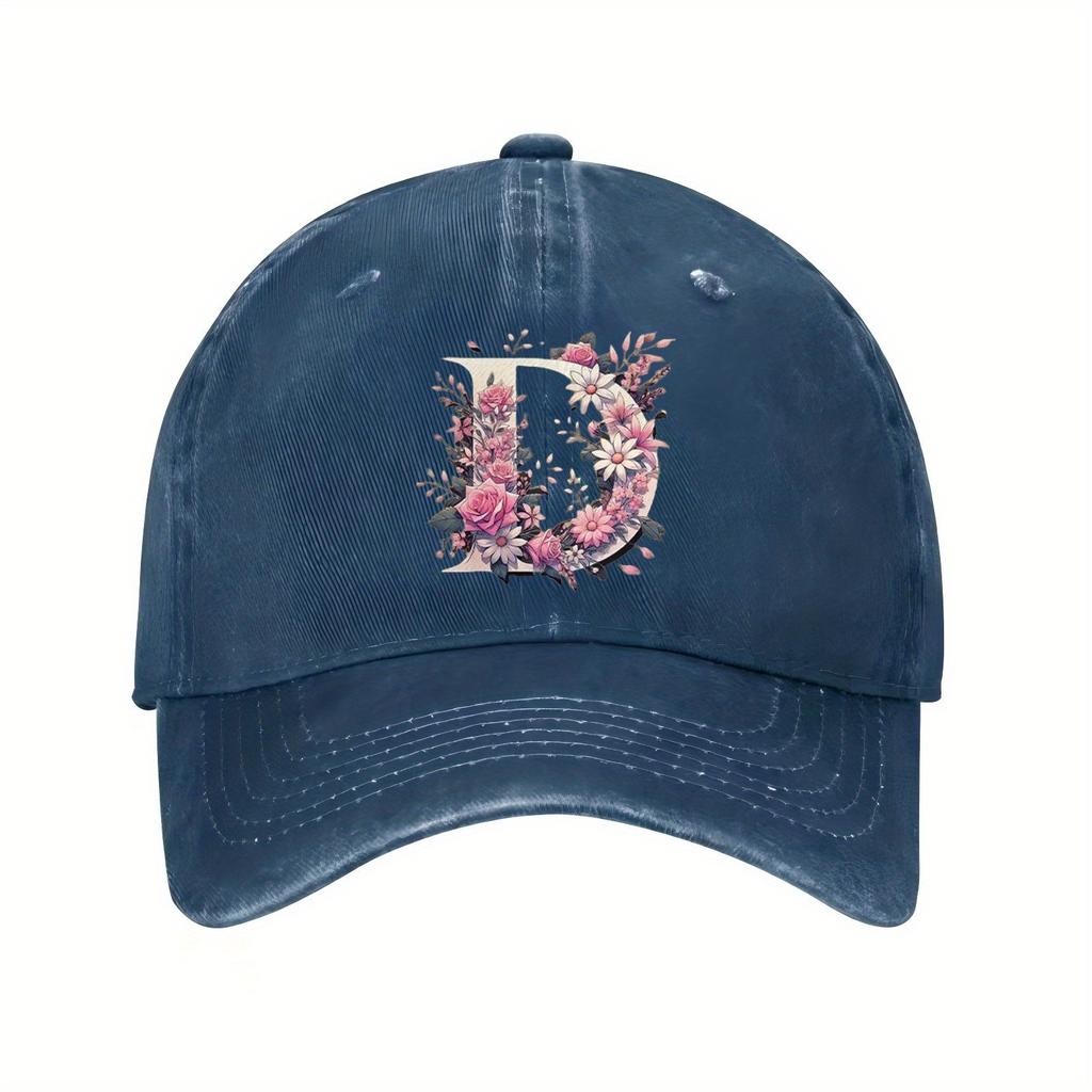 Floral Letter D Baseball Cap Unisex Casual Cotton Adjustable Distressed Outdoor Cap