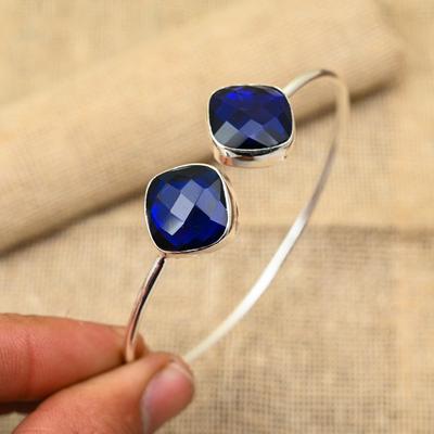 Blue Sapphire Lab-Created Gemstone Handmade 925 Sterling Silver Adjustable Bangle For Women