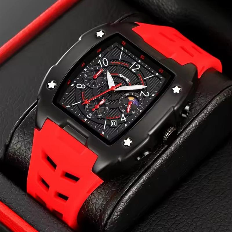 Quartz Men Watch Tonneau Stainless Steel Shell Sport Wristwatch Fashion Black Silicone Type Mille Relojes