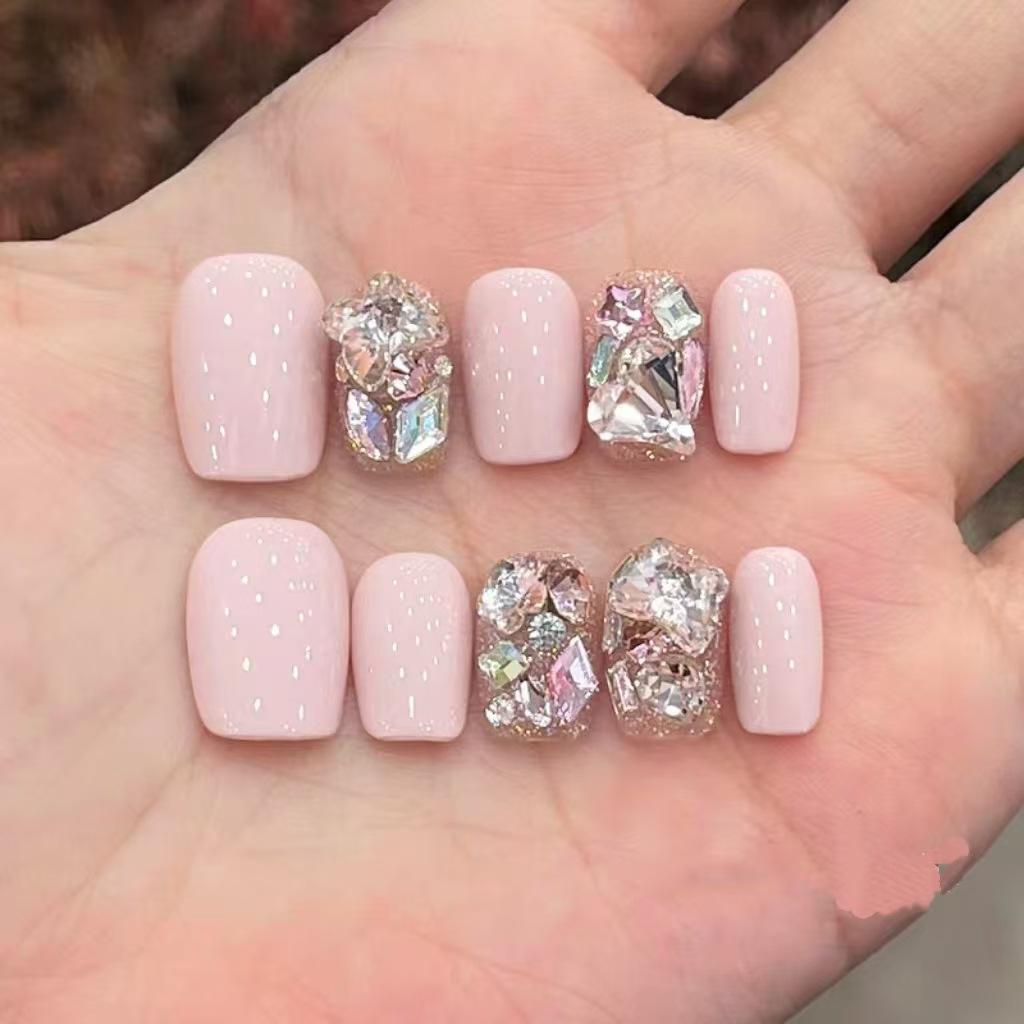 10pcs Pink Nude Cat Eye Rhinestone Handmade Short Square Press On Nails C Curve Full Coverage False Nail Tips