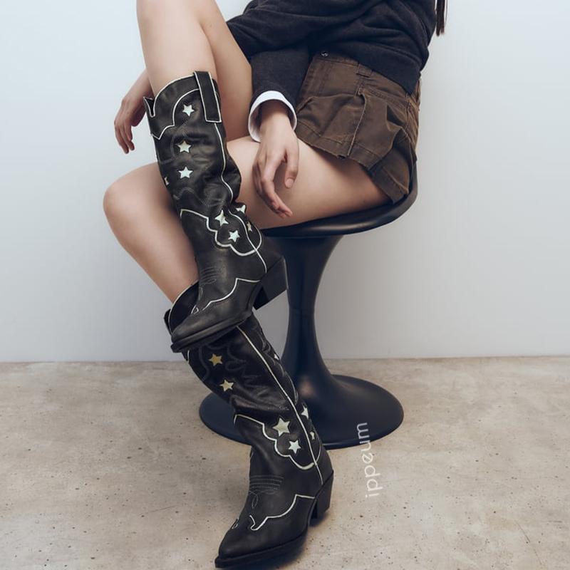 Fashion IPPEUM Western Cowboy Boots Star Leather Black 2024 New In Women Wide Calf Chunky Heel Girl Shoes Cowgirl Plus Size 43