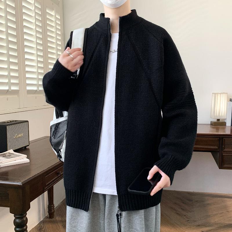 Korean Style Stand Collar Zipper Sweater Men's Lazy Style Knitted Cardigan Jacket Fashionable Top