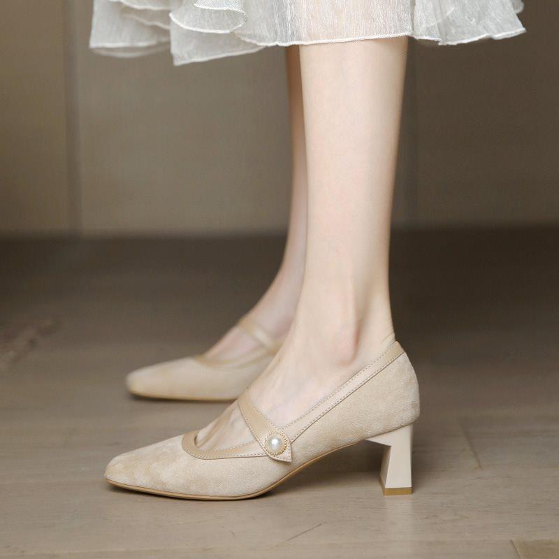 With High Heels, Women's Thick Heels, Bai Mary Jane's New Square Head Single Shoes, Women's Retro Skirt 2025 mid-French Heel