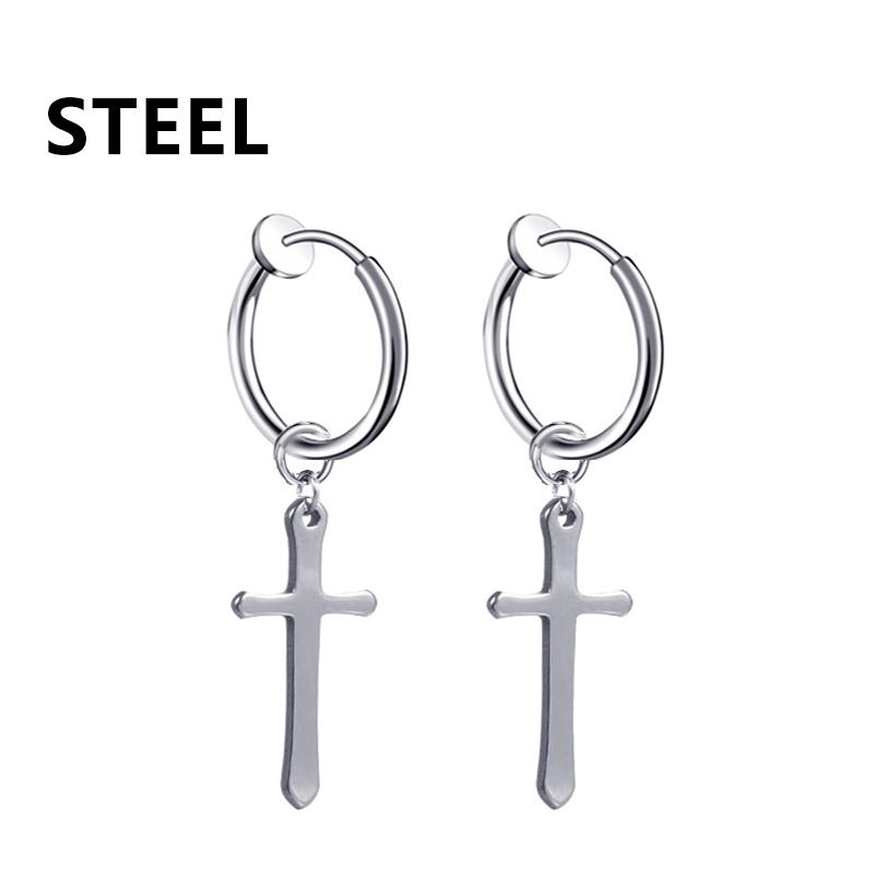 2PC Punk Stainless Steel Small Hoop Earrings for Men and Women Gothic Cross Ear Ring Pop Hip Hop Piercing Ear Studs Zircon
