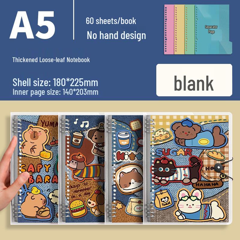 High-Value Denim Loose-Leaf Notebook, B5/A5 Detachable Iron Ring, Cartoon Design for Students
