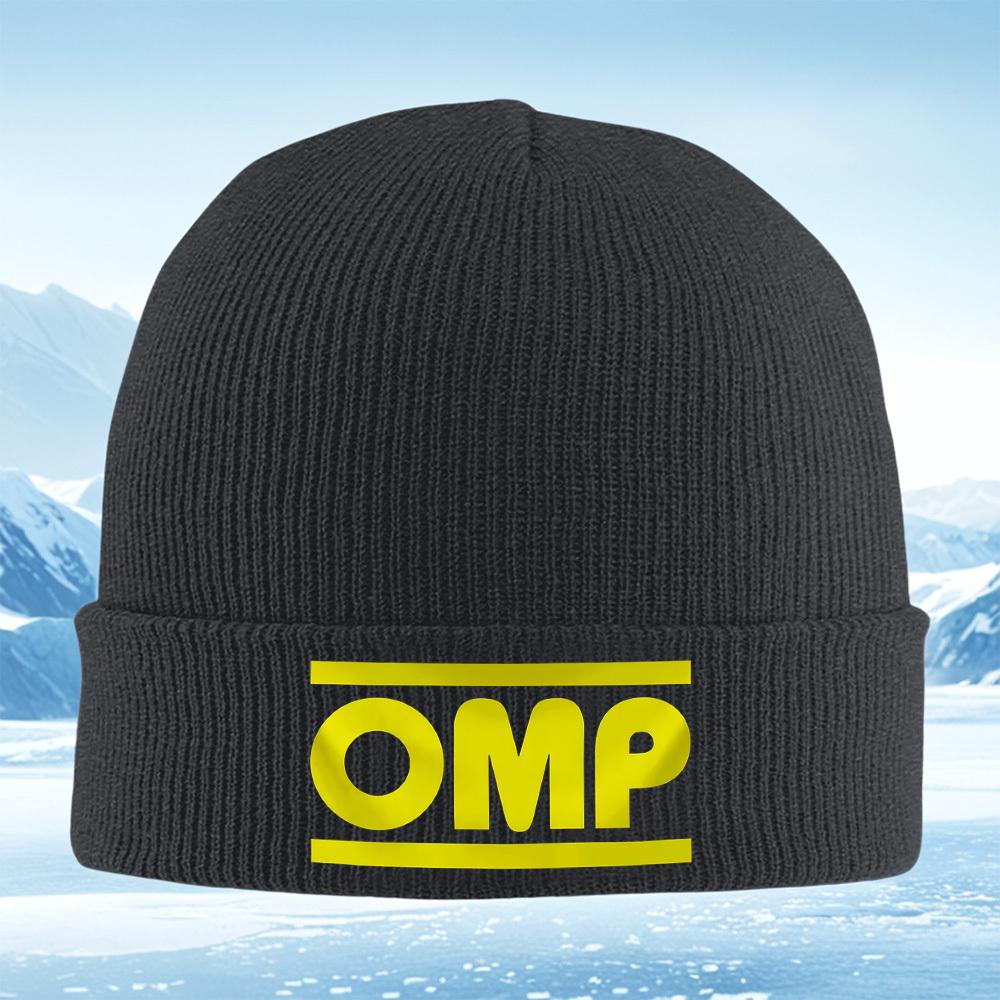 Yellow OMP Letters Black Background Design Men Women Unisex Knitted Hat Beanie Pullover Cap Winter Thermal Warm Christmas Outdoo