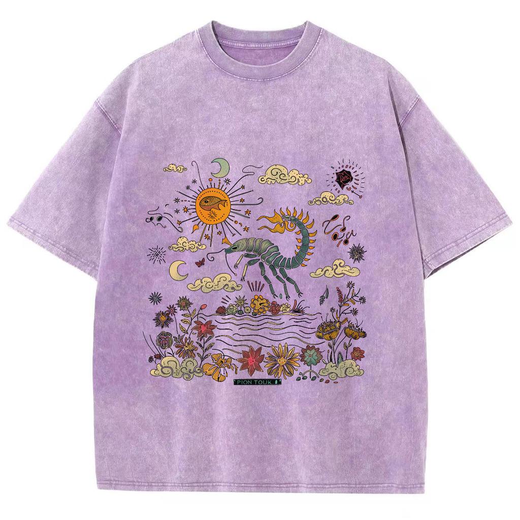 Cartoon Landschaftsdruck Schlichter Stil Damen T-Shirt Unisex Waschung Rundhalsausschnitt Kurzarm Vintage Distressed Basic Tee