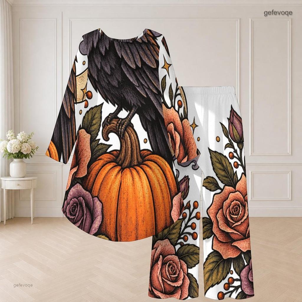 Women Plus Size Round Neck Long Sleeve Cartoon Bear Printed High Low Top Wide Leg Pants Two Piece Set