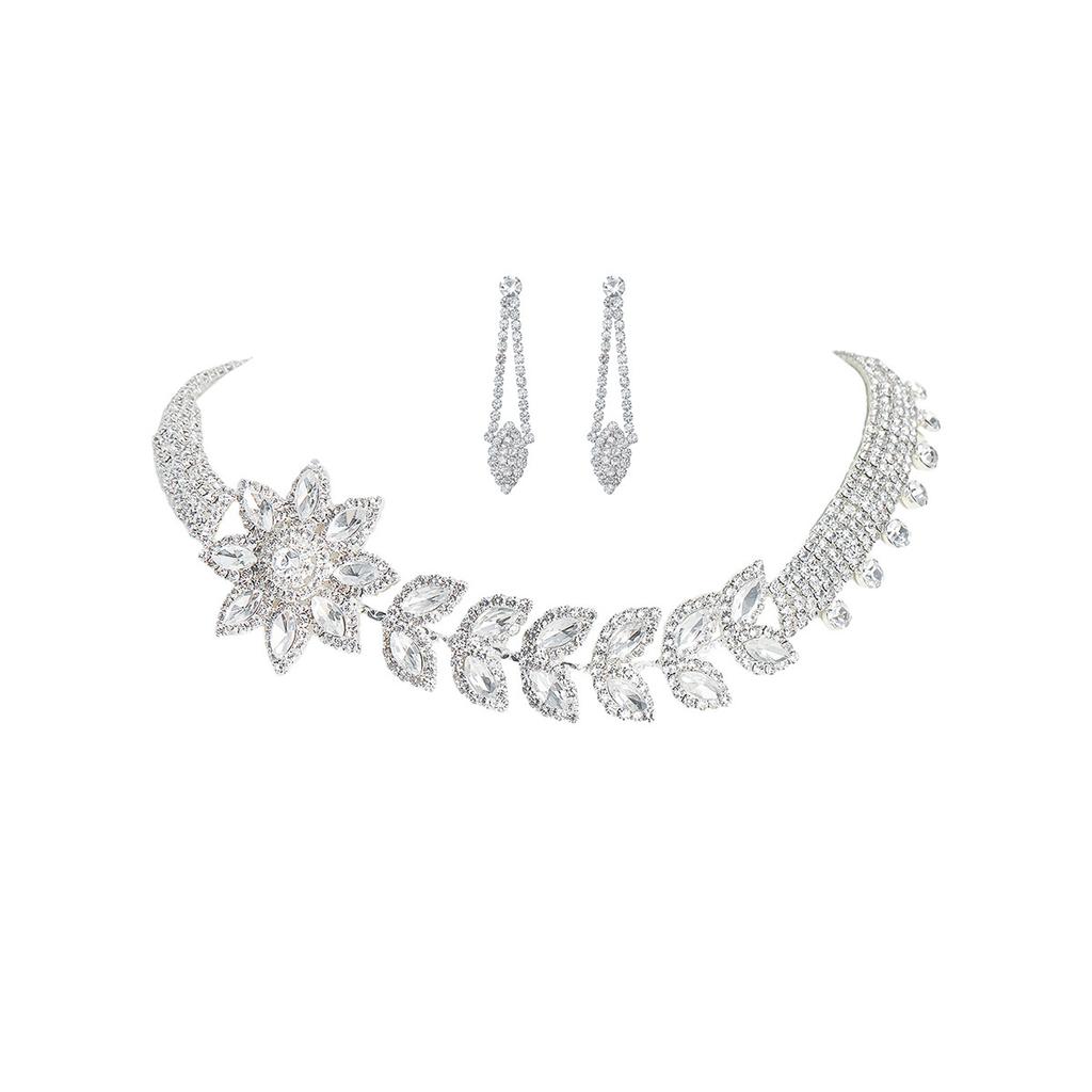 Heavy Industry Rhinestone Leaf Necklace Earrings Set, Bridal Jewelry, Banquet Stage Earrings Accessories