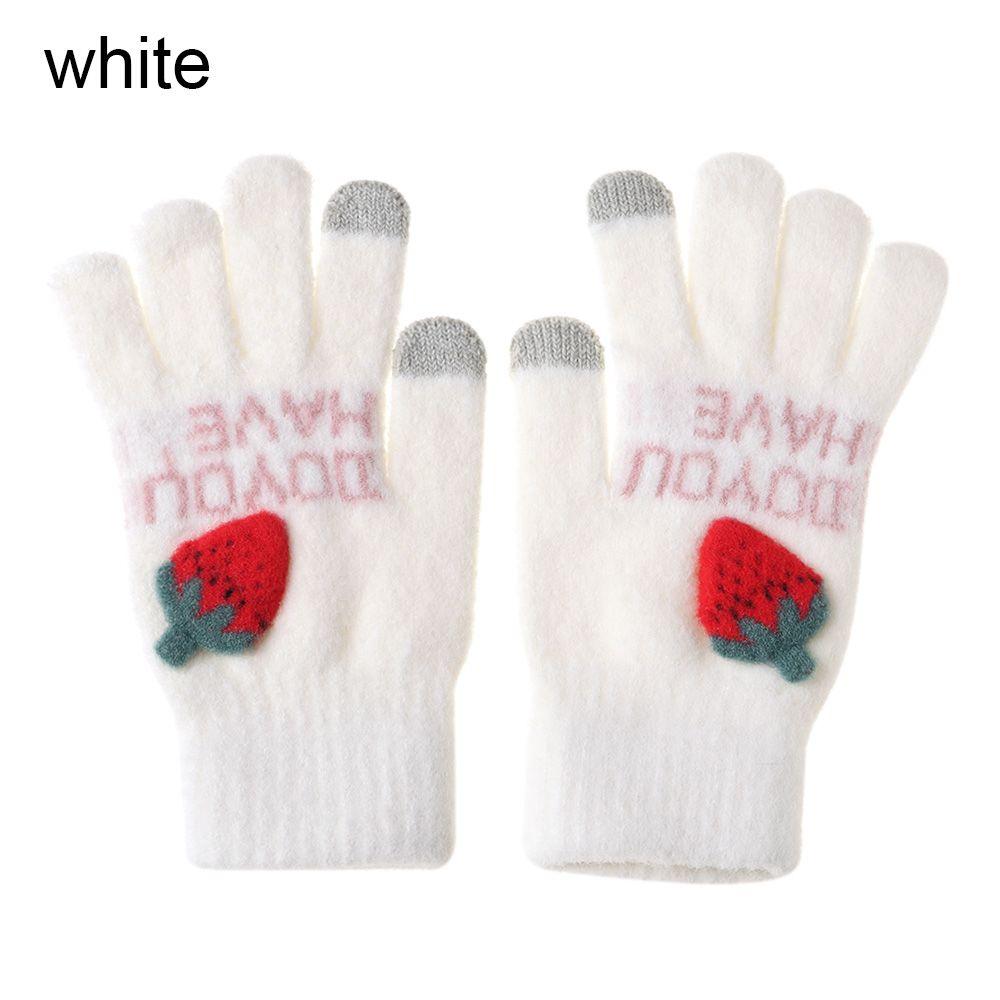 

Женские теплые вязаные варежки с сенсорным экраном на пять пальцев, зимние перчатки с клубничным узором белый