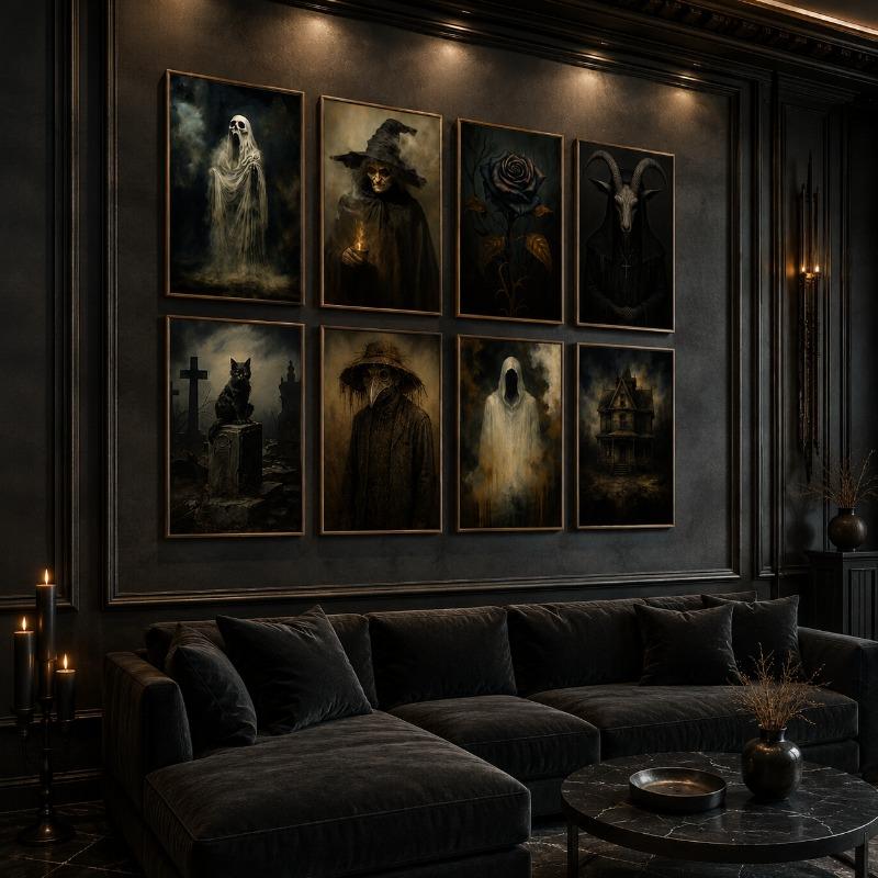 Dark Gothic Halloween Canvas Gallery Wall Print Witch Ghost Doctor Goat Skull Wall Art Vintage Moody Spooky Home Decor Gift