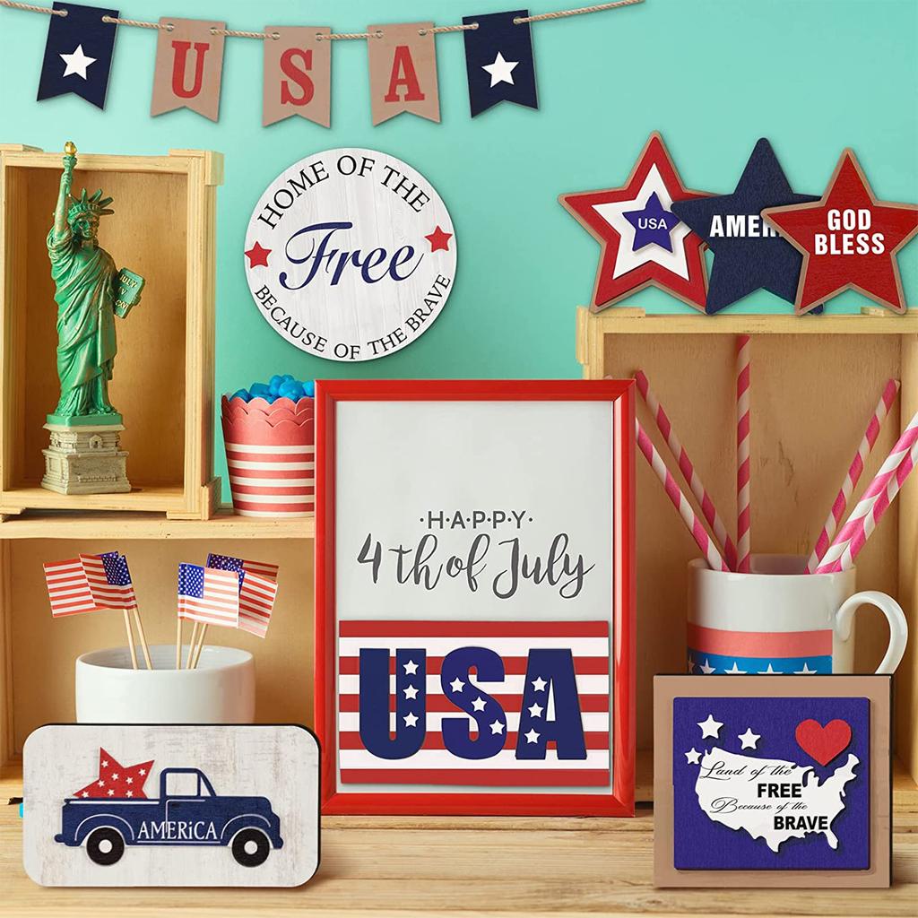 Patriotic Tiered Tray Wooden Decor Creative Desktop Display Stand for Home Office