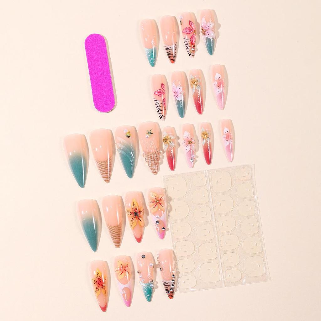 European Spring/Summer Long Pointed 3D Floral Pearl Embellished Wearable Nail Tips Set