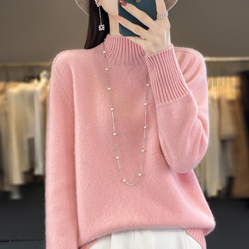 Women's Cashmere Wool Pullover: Half-High Neck, Loose Fit, Korean Style Knit Base Layer for Autumn/Winter