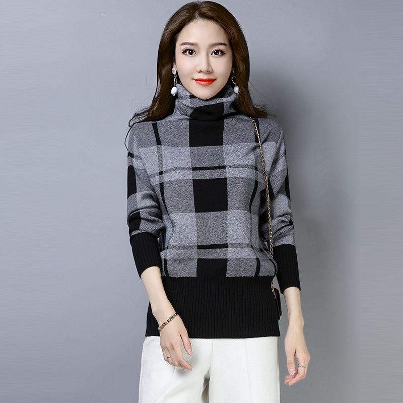 Kašmírový svetr Podzim Zima Rolák Svetr Ženy Kostkovaný Volný Hřejivý Zesílený Základní Top