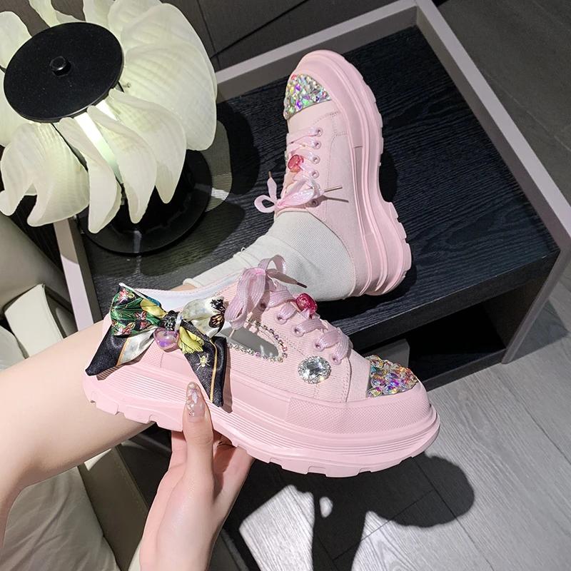 Fashion 2025 New Thick-soled Rhinestone Luxury Half Slippers Autumn Ladies Casual Breathable Sneakers Bow Knot Lovely Lolita Women Shoes