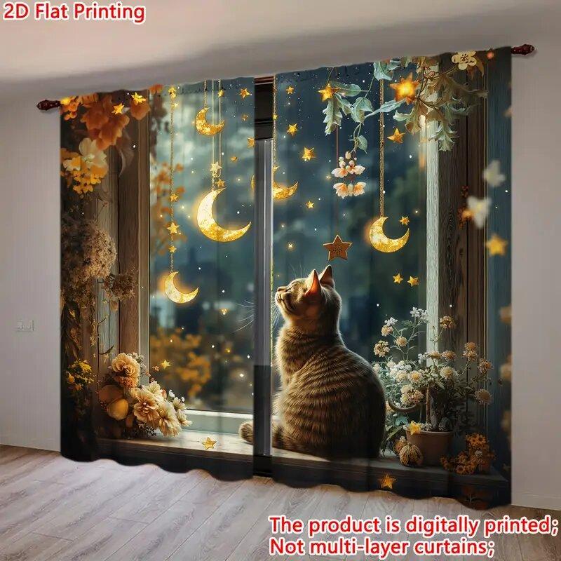 2 Stück - Verträumtes Fenster Katzenmuster Gedruckte Vorhänge, Fensterdekoration, Heimdekoration, Raumdekoration