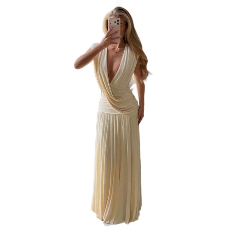 Summer new European and American women's clothing fashion solid color dark V-neck pleated slim-fitting long hip-wrapped dress