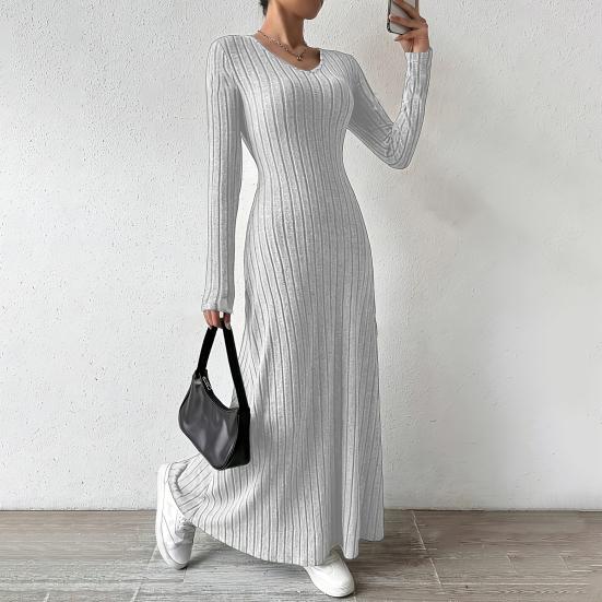 Women's Fall Sweater Dress Long Sleeve V Neck Ribbed Knit Maxi Dress Tunic Winter A Line Long Swing Dress