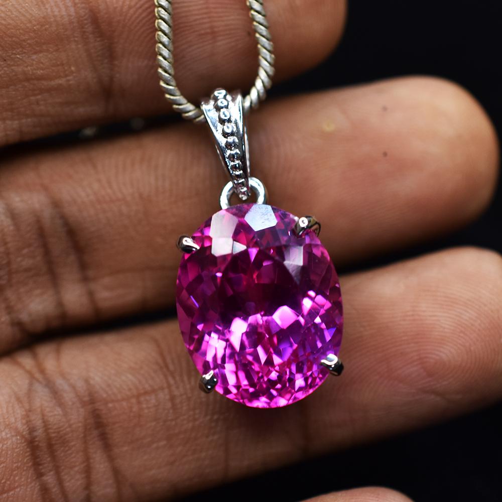 925 Sterling Silver Pendant Natural 32 Ct Pink Sapphire Oval Gemstone