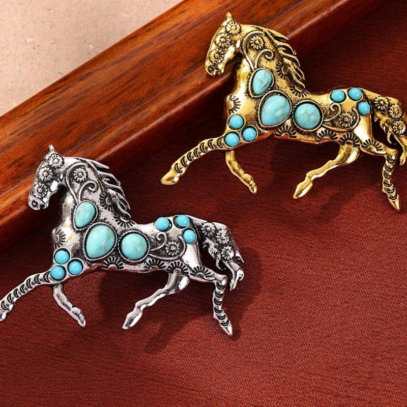 Elegant Horse Brooch Adorned with Simulated Turquoise Accent for Fashion Forward Looks on Suits and Shirts Gift
