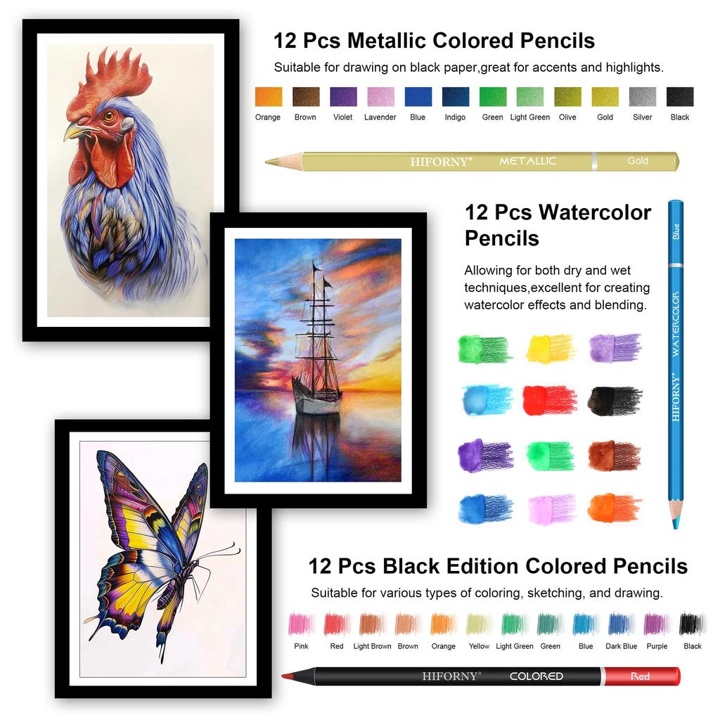 HIFORNY Drawing Sketch Art Coloring Black Colored Charcoal Blending and More Set, Kit, Supplies, 3-Color Sketchbook, Book, Rainbow, Watercolor,