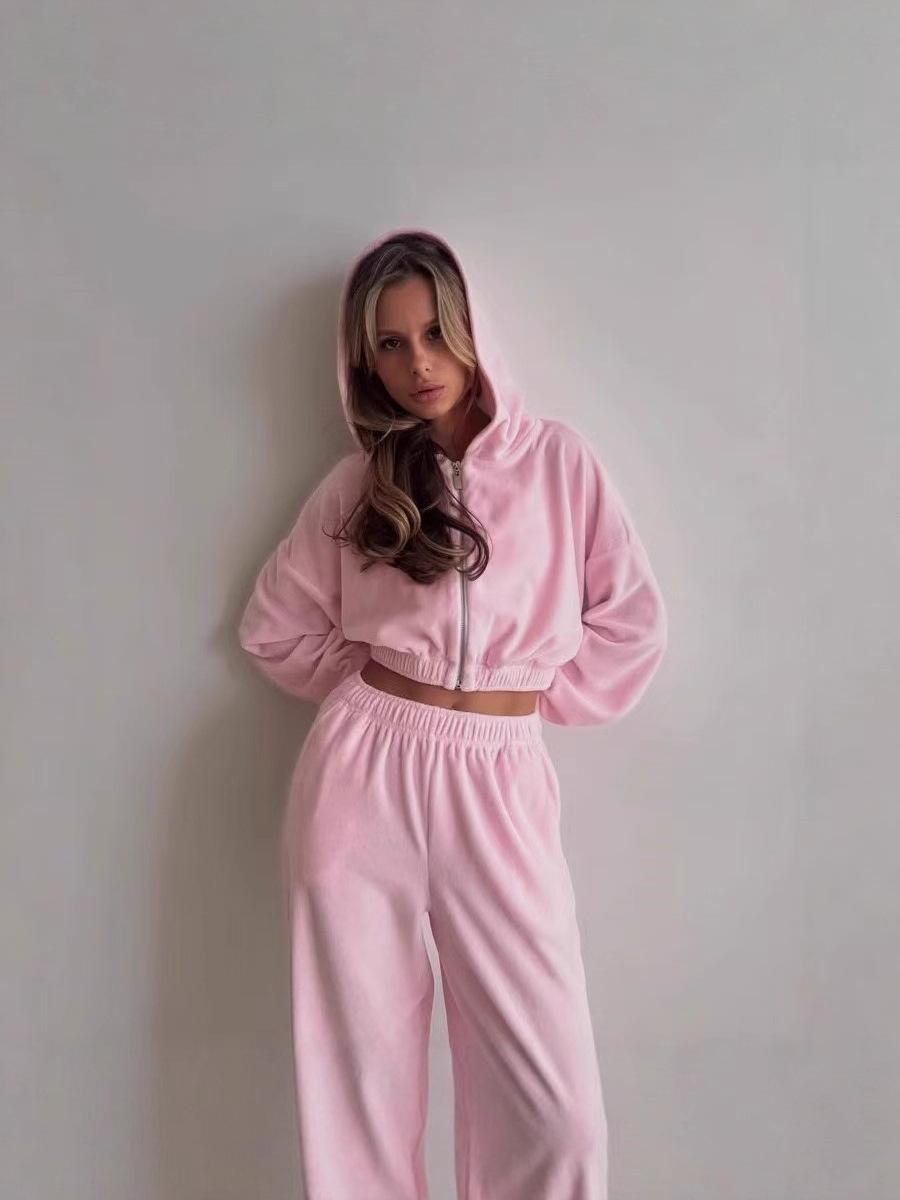 

Women s Pink Hooded Zipper Jacket and High Waist Wide Leg Pants Casual Sweatsuit Set XL рожевий