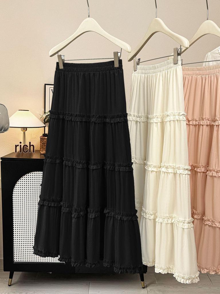 2026 Spring/Summer Women's High-Waisted Ruffle Patchwork A-Line Skirt
