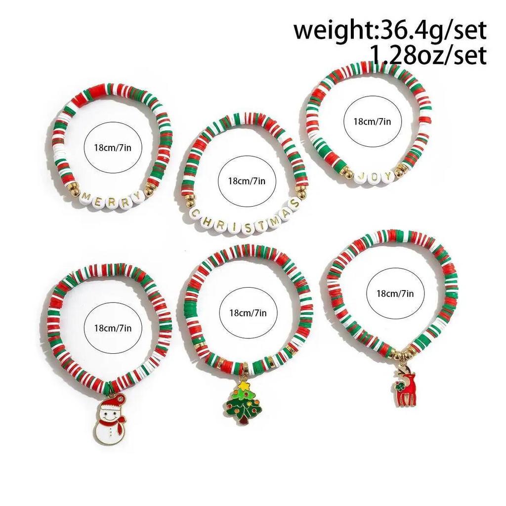SHIXIN 6Pcs/Set Merry Christmas Letter Bracelets for Women Cute Christmas Tree Snowman Elk Pendant Bracelet Elastic Rope Bangle