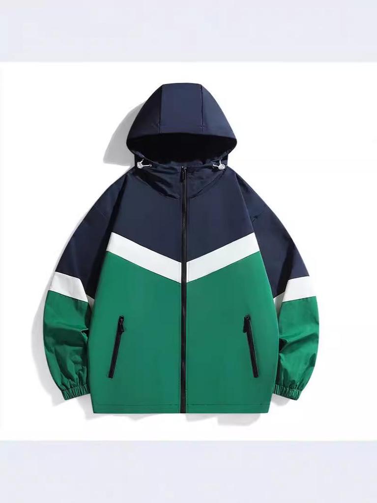 Unisex Korean-Style Color Block Baseball Jacket: Casual, Sporty, Hooded, Thin Windbreaker for Spring & Autumn with Long Sleeves.