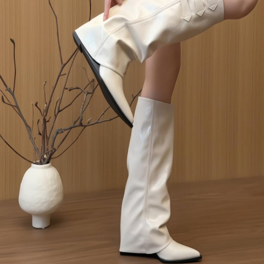 French Pointed Inner Heightening Knight Boots Women's Belt Buckle White Boots 2025 New Fashion Wedge Trouser Tube Boots